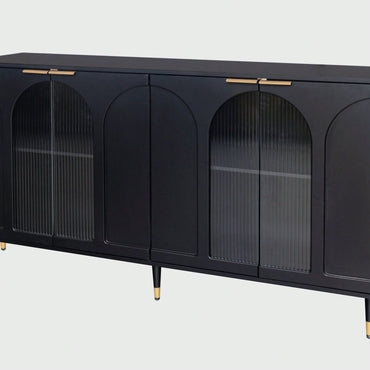 Black Lacquered Wooden Cabinet With 4 Glass Doors Sideboard Buffet Server Cabinet Storage Cabinet