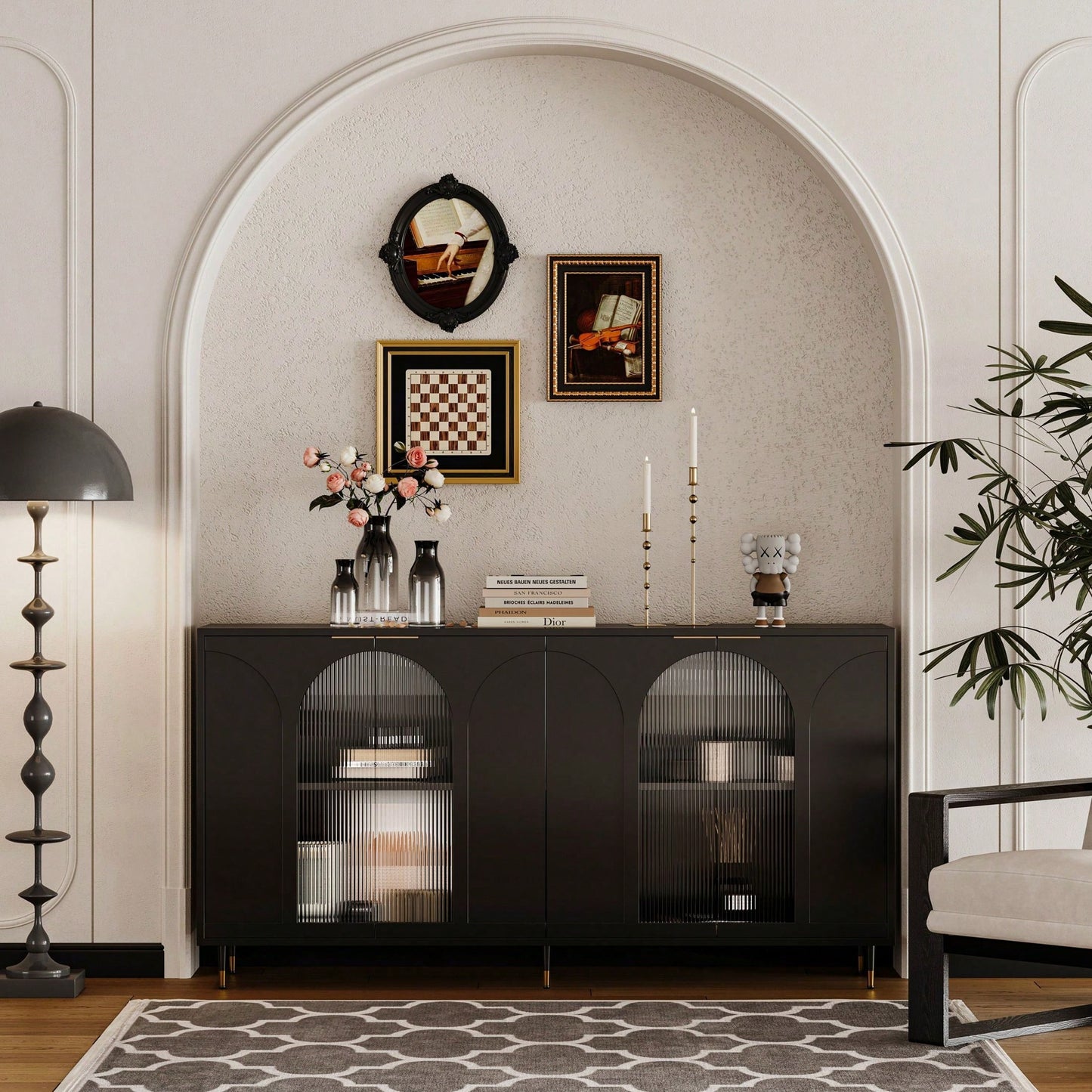 Black Lacquered Wooden Cabinet With 4 Glass Doors Sideboard Buffet Server Cabinet Storage Cabinet