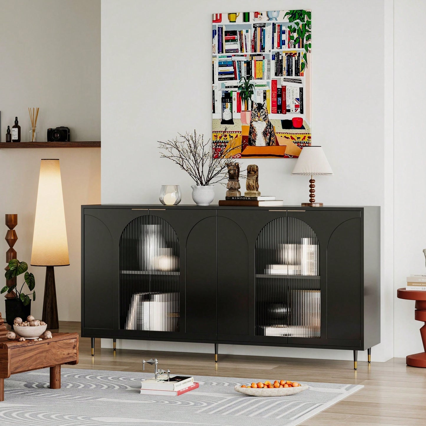 Black Lacquered Wooden Cabinet With 4 Glass Doors Sideboard Buffet Server Cabinet Storage Cabinet