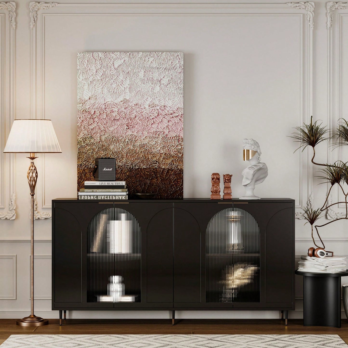 Black Lacquered Wooden Cabinet With 4 Glass Doors Sideboard Buffet Server Cabinet Storage Cabinet