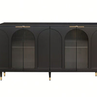 Black Lacquered Wooden Cabinet With 4 Glass Doors Sideboard Buffet Server Cabinet Storage Cabinet