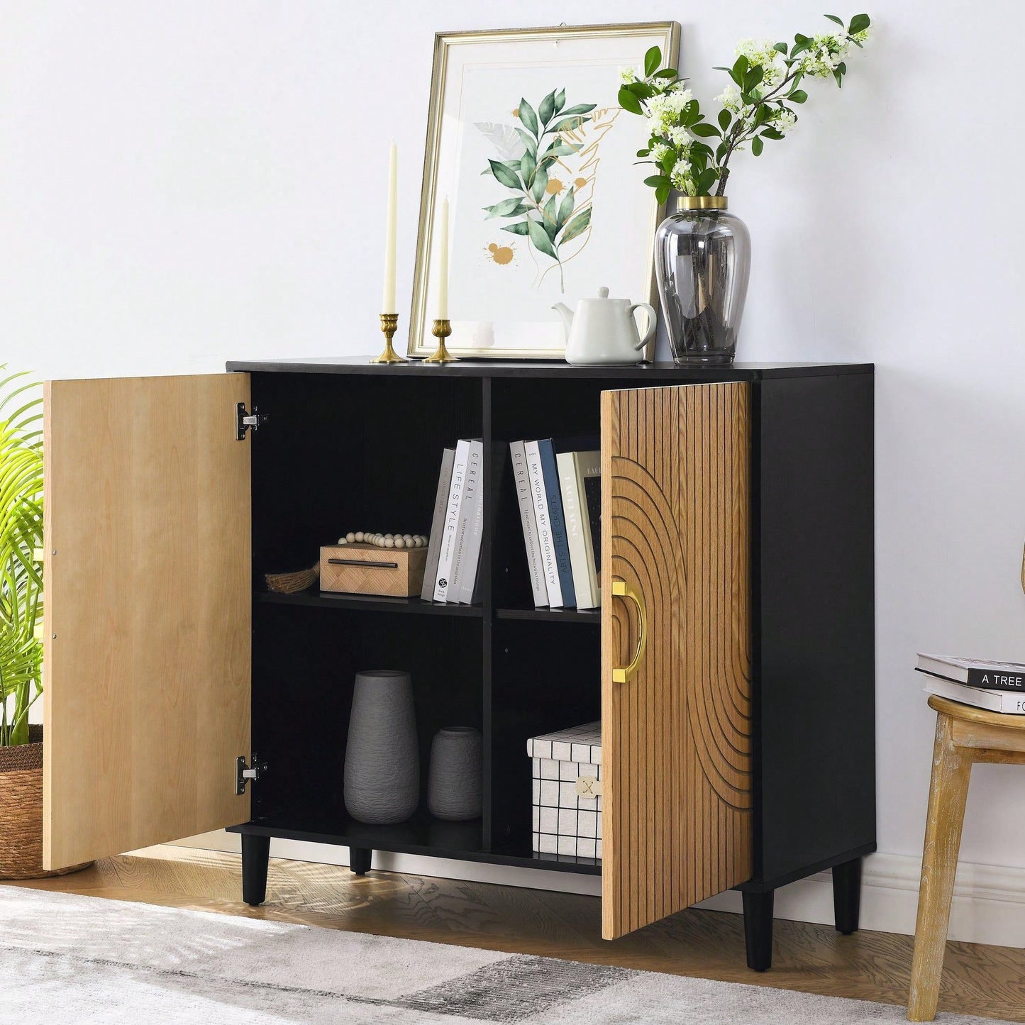 Rustic Black Console Table with 3 Adjustable Shelves and Brass Handle for Entryway Living Room or Bedroom Storage