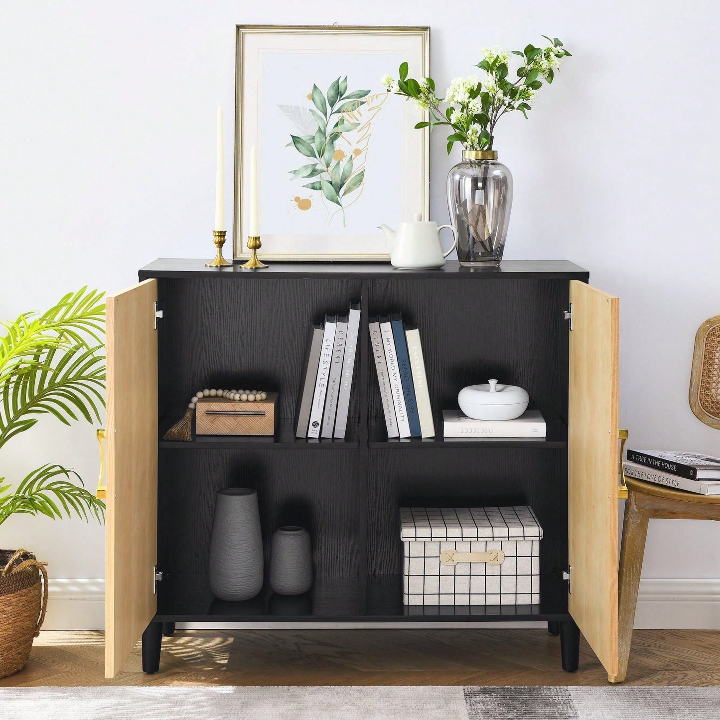 Rustic Black Console Table with 3 Adjustable Shelves and Brass Handle for Entryway Living Room or Bedroom Storage