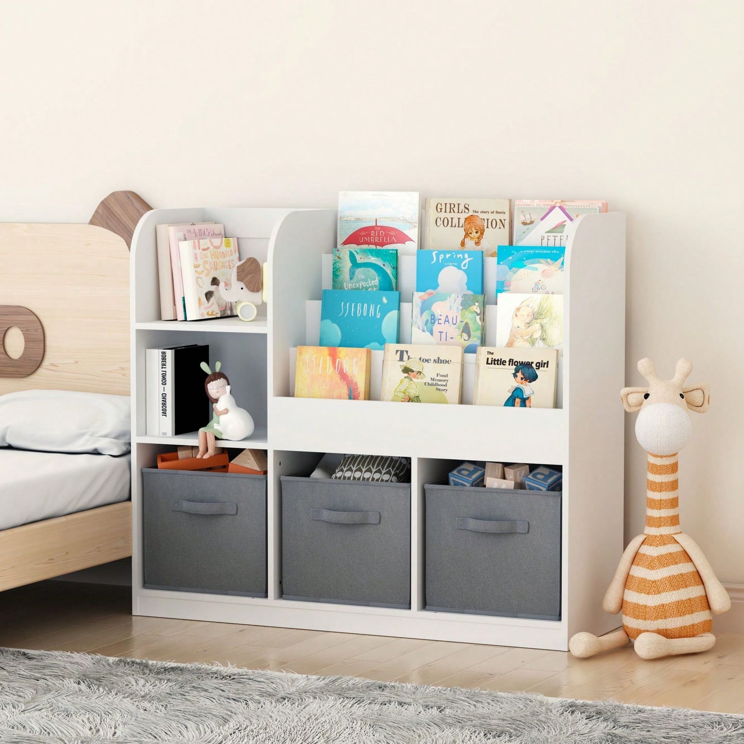 Multifunctional Kids Bookcase with 3 Collapsible Drawers for Toy and Book Storage in Bedroom Playroom Hallway