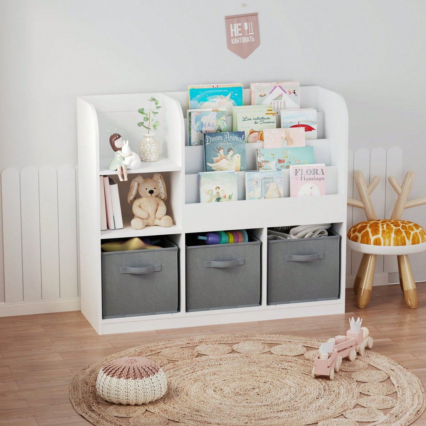 Multifunctional Kids Bookcase with 3 Collapsible Drawers for Toy and Book Storage in Bedroom Playroom Hallway