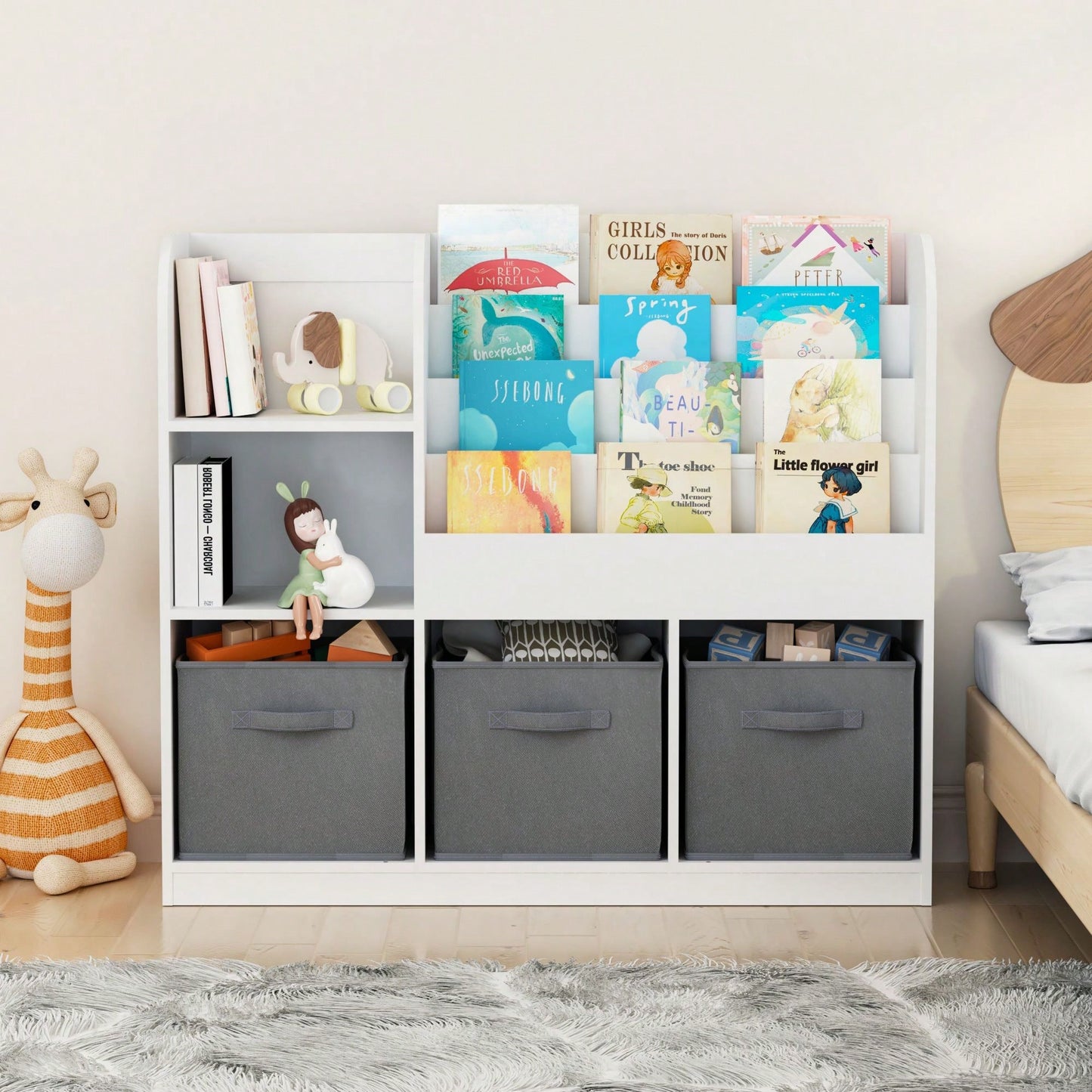 Multifunctional Kids Bookcase with 3 Collapsible Drawers for Toy and Book Storage in Bedroom Playroom Hallway