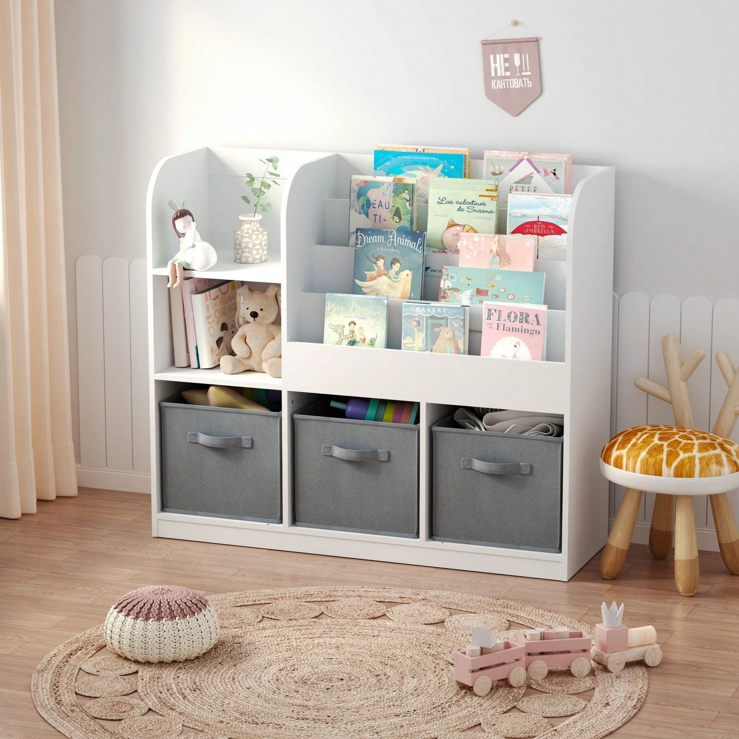 Multifunctional Kids Bookcase with 3 Collapsible Drawers for Toy and Book Storage in Bedroom Playroom Hallway