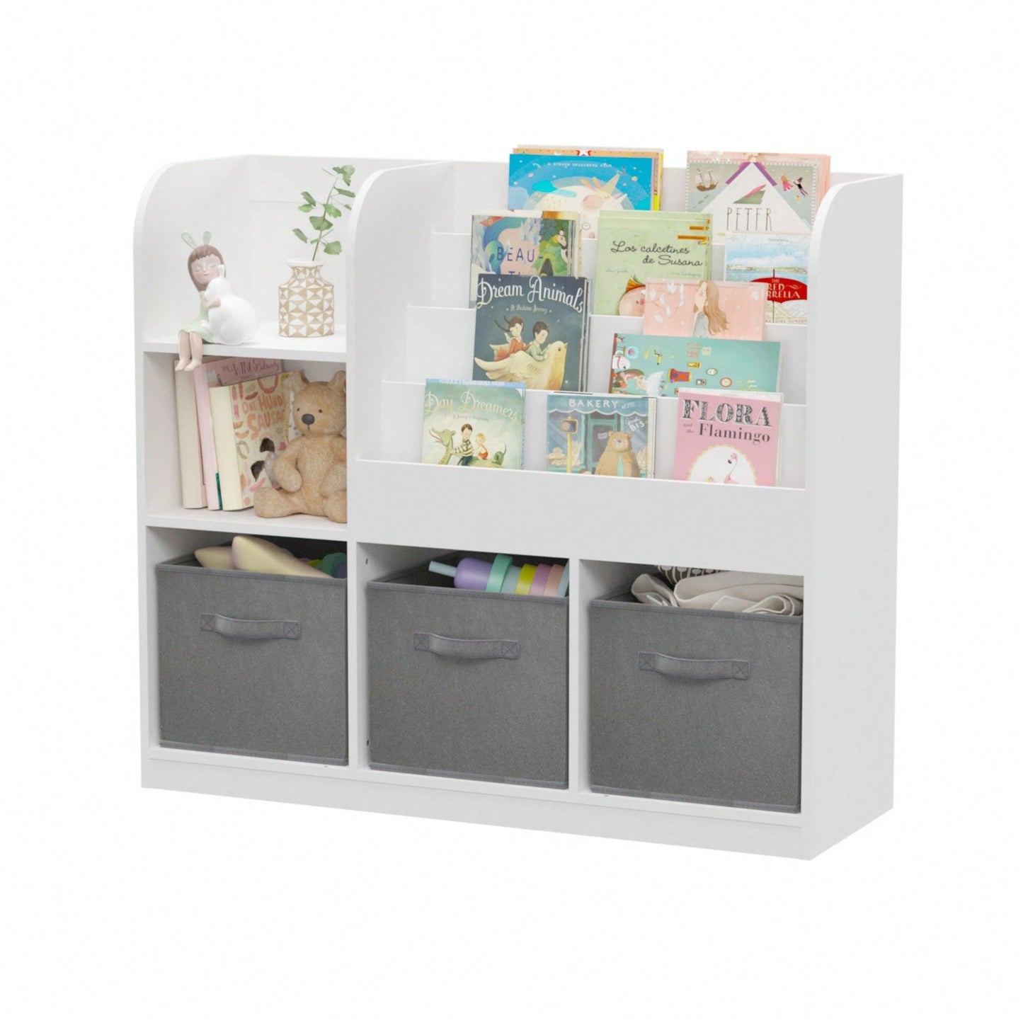 Multifunctional Kids Bookcase with 3 Collapsible Drawers for Toy and Book Storage in Bedroom Playroom Hallway