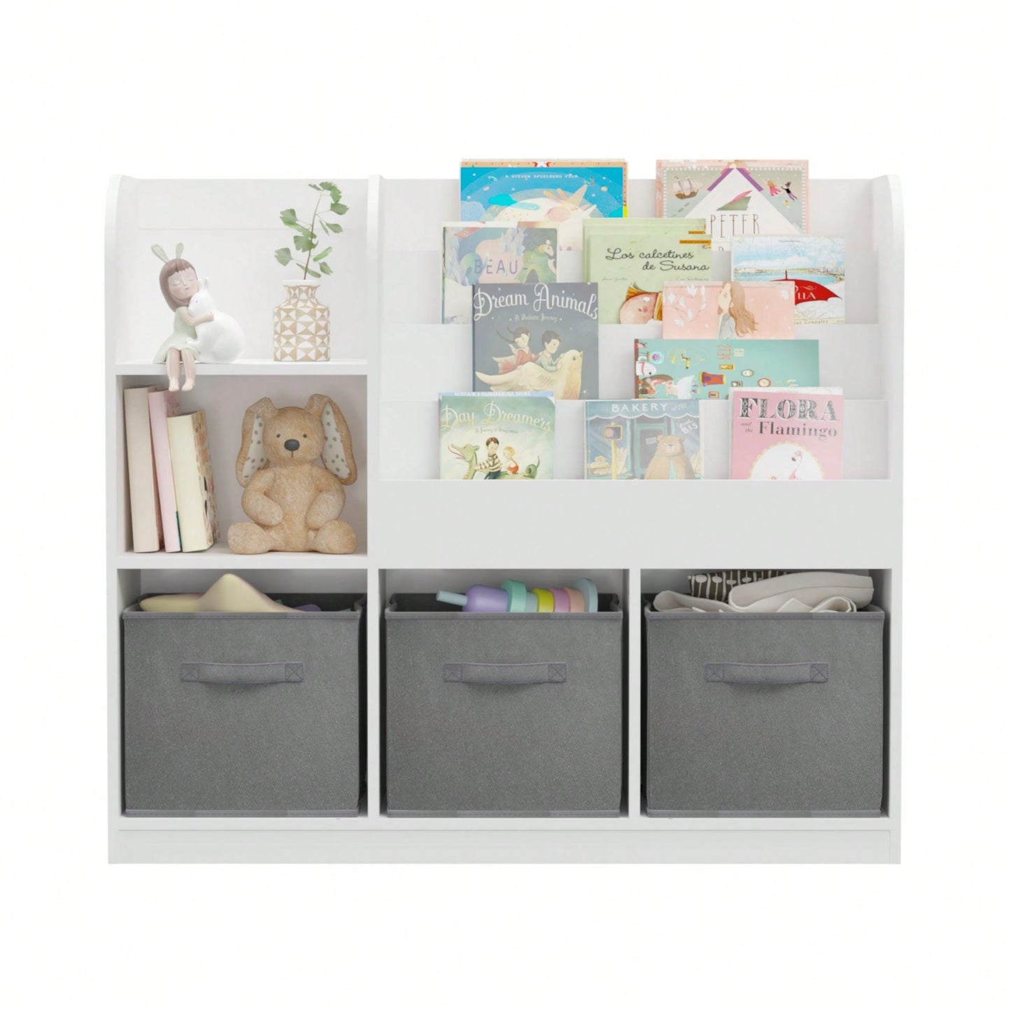 Multifunctional Kids Bookcase with 3 Collapsible Drawers for Toy and Book Storage in Bedroom Playroom Hallway