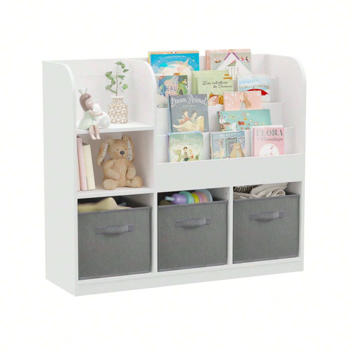 Multifunctional Kids Bookcase with 3 Collapsible Drawers for Toy and Book Storage in Bedroom Playroom Hallway