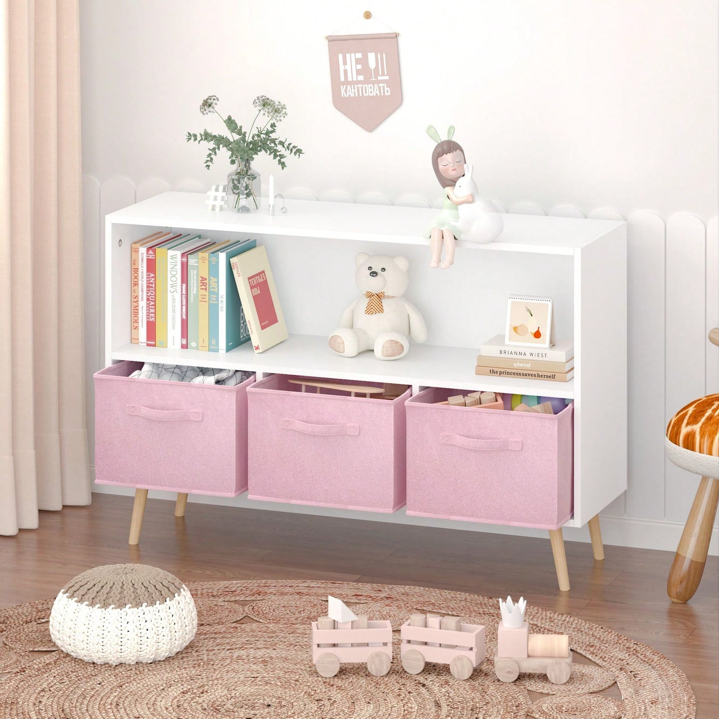 Kids Bookcase With Collapsible Fabric Drawers, Children's Book Display, Toy Storage Cabinet Organizer