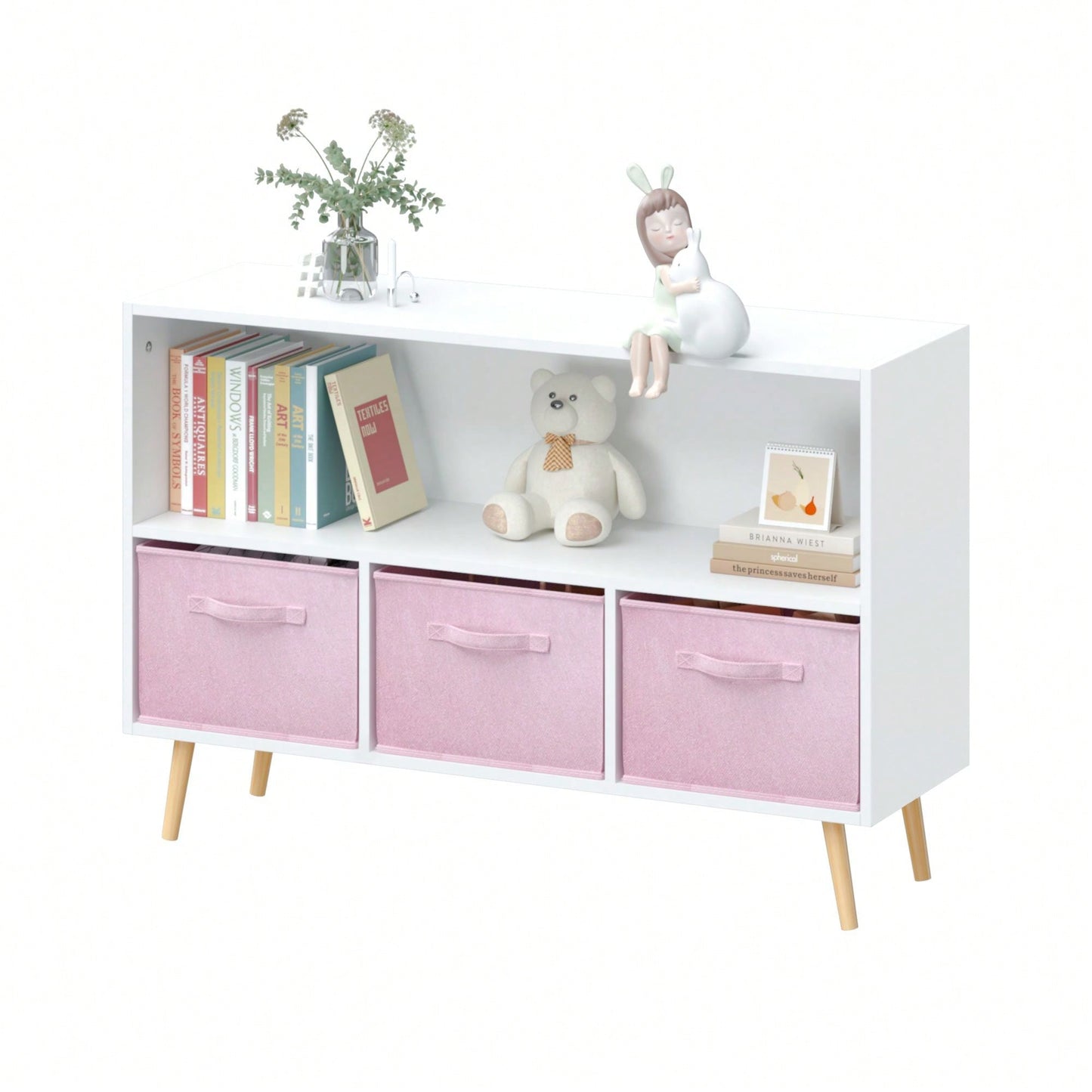 Kids Bookcase With Collapsible Fabric Drawers, Children's Book Display, Toy Storage Cabinet Organizer