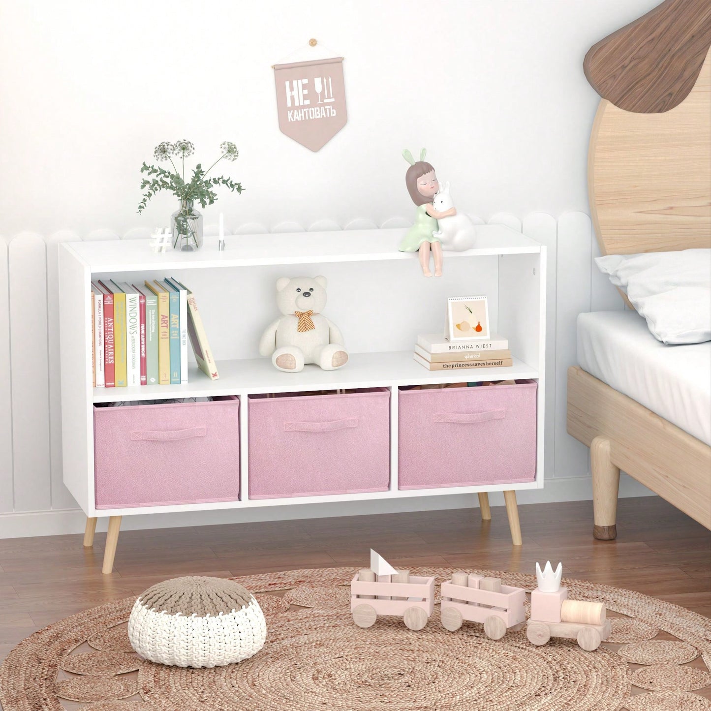 Kids Bookcase With Collapsible Fabric Drawers, Children's Book Display, Toy Storage Cabinet Organizer