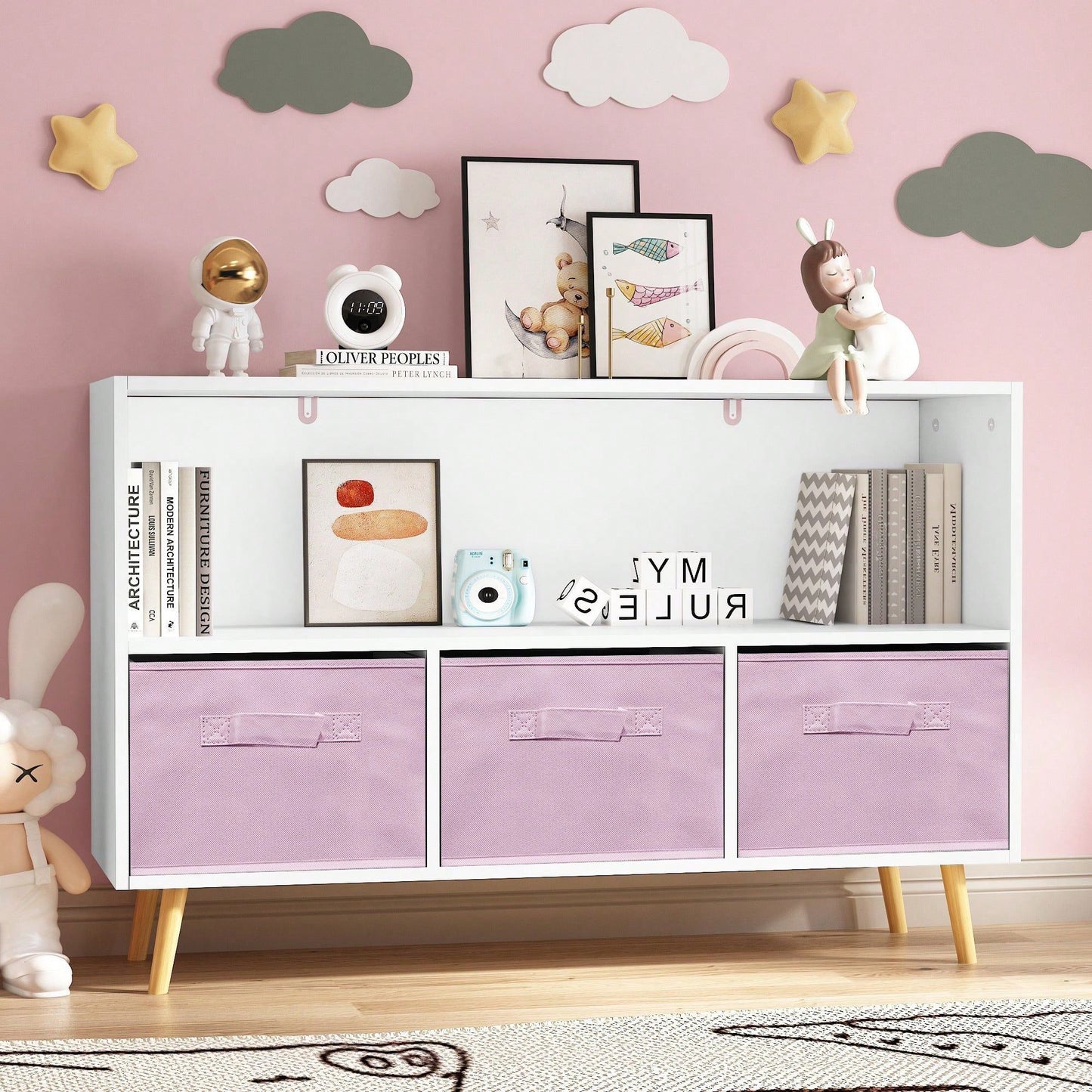Kids Bookcase With Collapsible Fabric Drawers, Children's Book Display, Toy Storage Cabinet Organizer