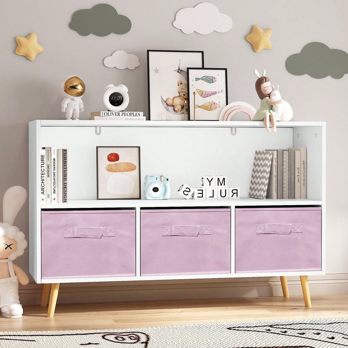 Kids Bookcase With Collapsible Fabric Drawers, Children's Book Display, Toy Storage Cabinet Organizer