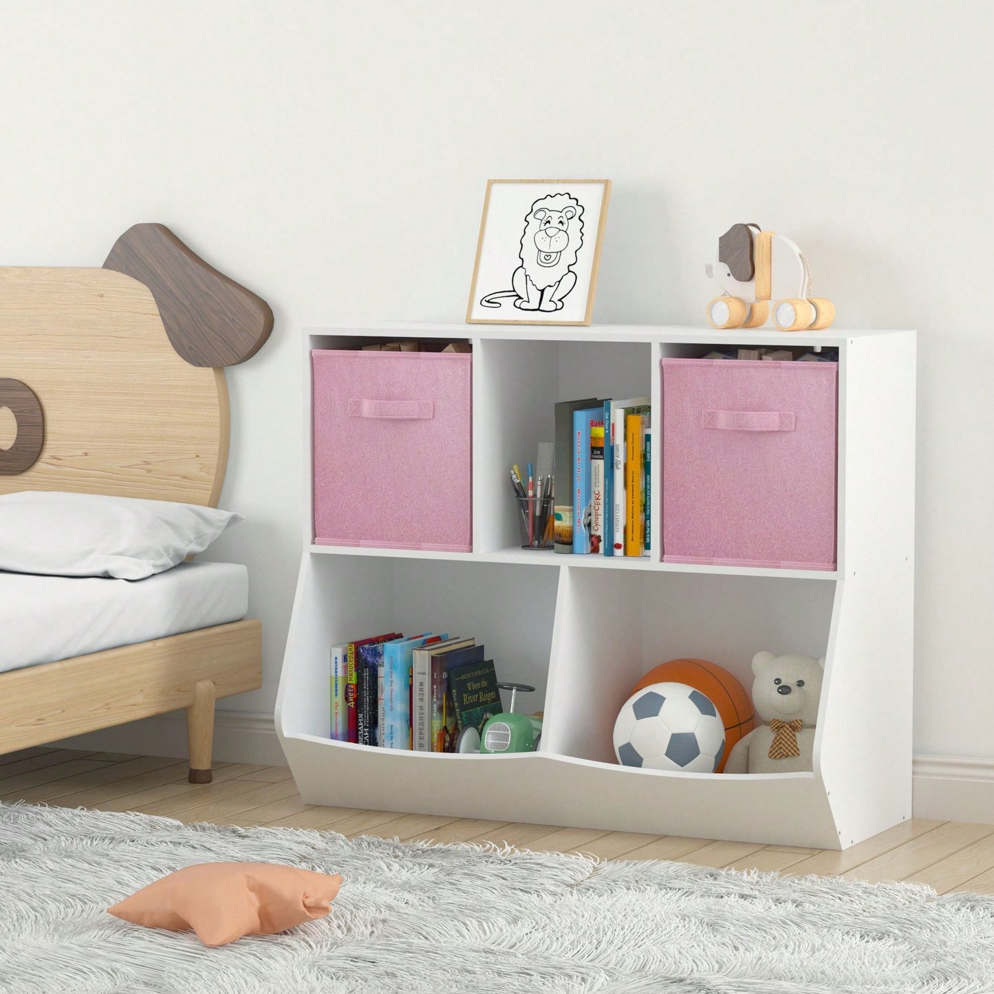 Kids Bookcase With Collapsible Fabric Drawers, Children's Toy Storage Cabinet For Playroom, Bedroom, Nursery, School