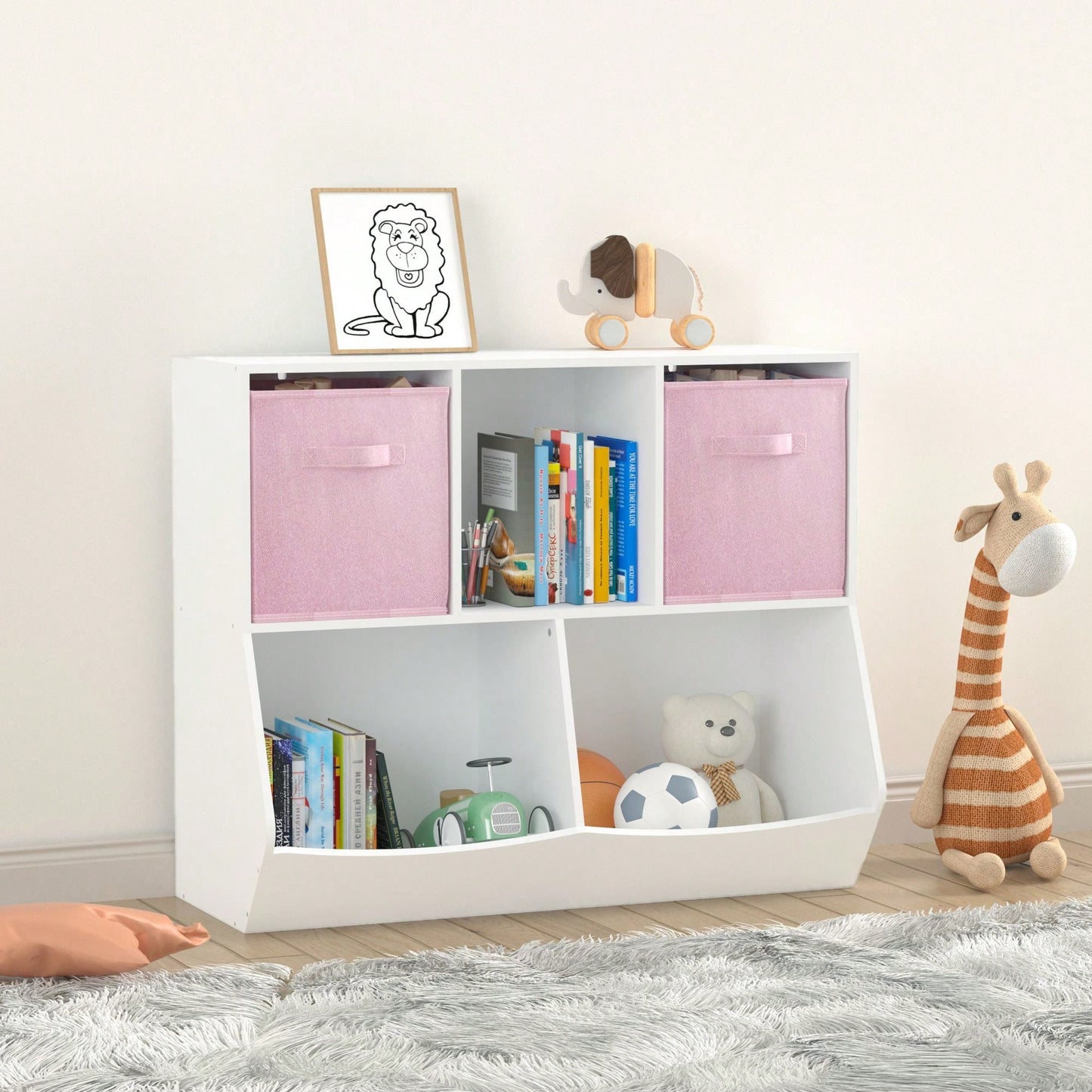 Kids Bookcase With Collapsible Fabric Drawers, Children's Toy Storage Cabinet For Playroom, Bedroom, Nursery, School