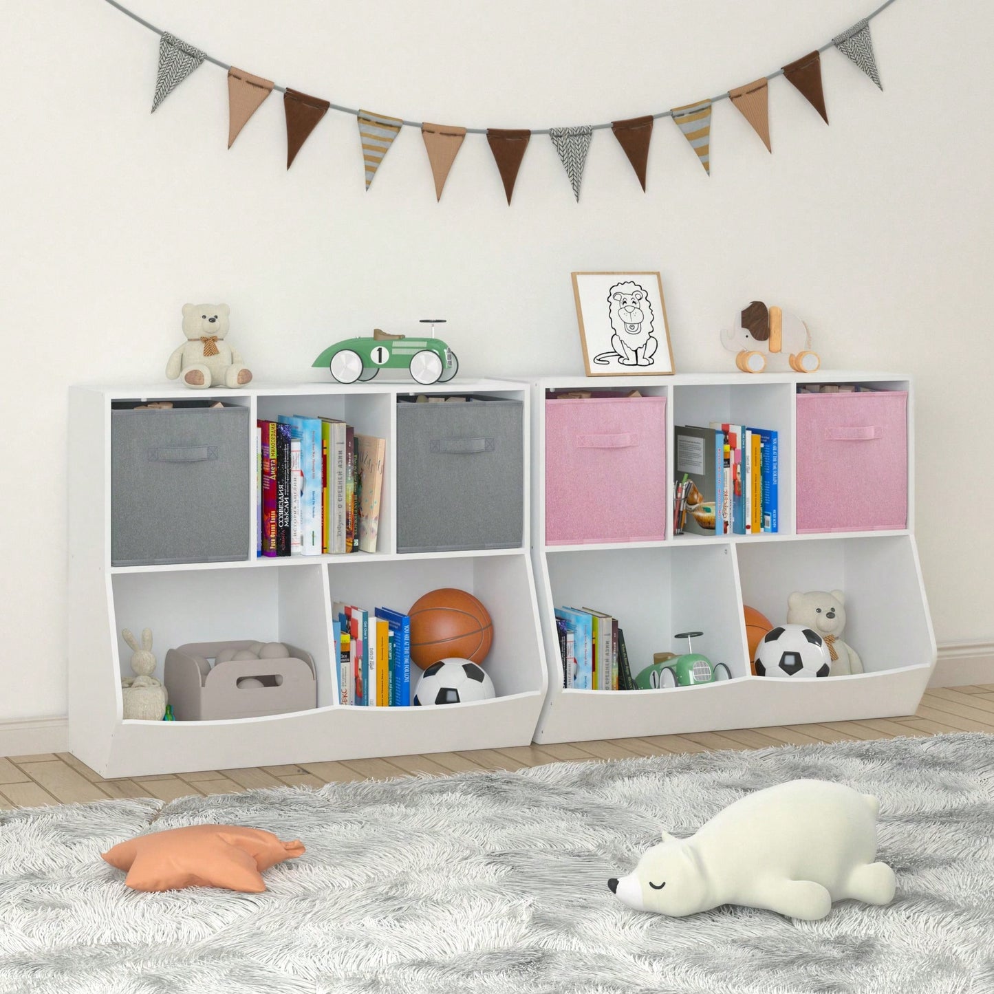 Kids Bookcase With Collapsible Fabric Drawers, Children's Toy Storage Cabinet For Playroom, Bedroom, Nursery, School