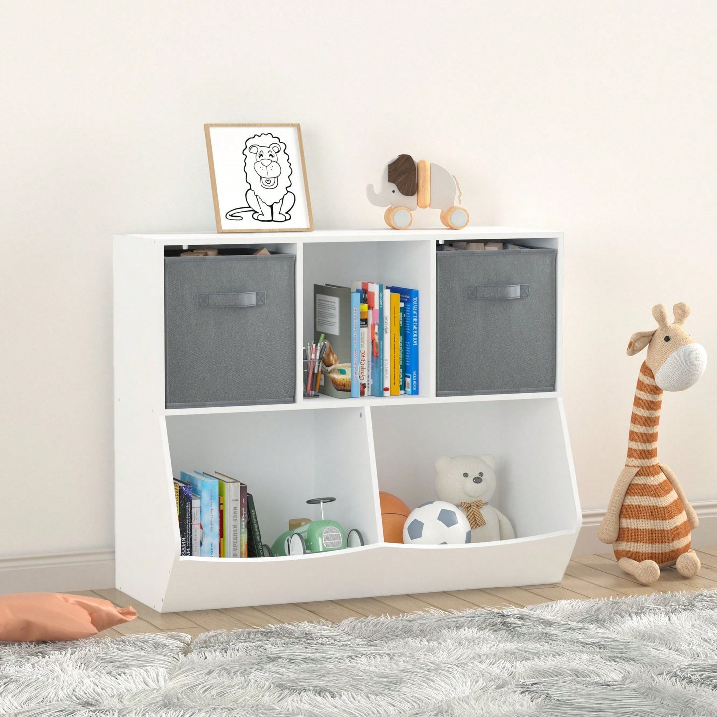 Kids Bookcase With Collapsible Fabric Drawers, Children's Toy Storage Cabinet For Playroom, Bedroom, Nursery, School