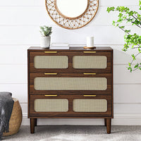 Modern Rattan Dresser Cabinet with Wide Drawers and Metal Handles for Farmhouse Style Storage in Bedroom Living Room Hallway