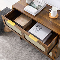 Modern Rattan Dresser Cabinet with Wide Drawers and Metal Handles for Farmhouse Style Storage in Bedroom Living Room Hallway