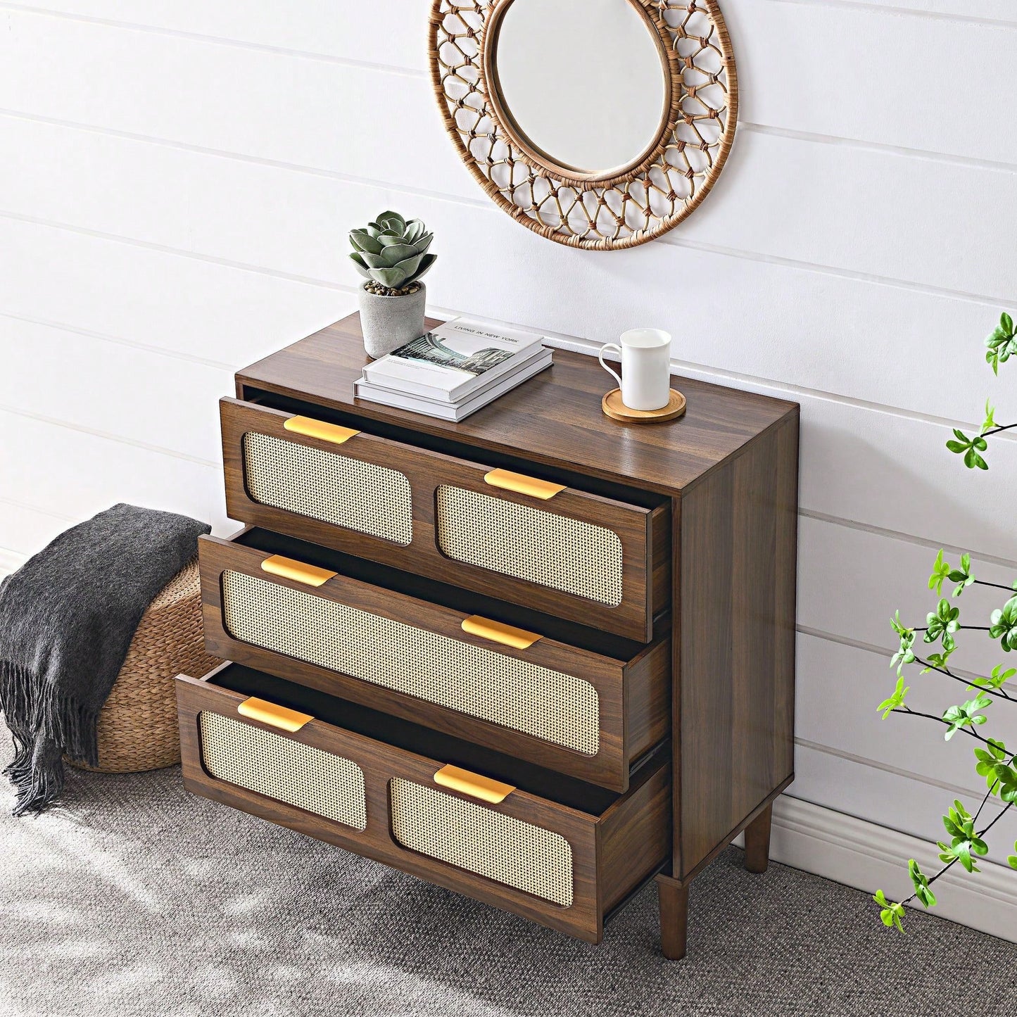 Modern Rattan Dresser Cabinet with Wide Drawers and Metal Handles for Farmhouse Style Storage in Bedroom Living Room Hallway