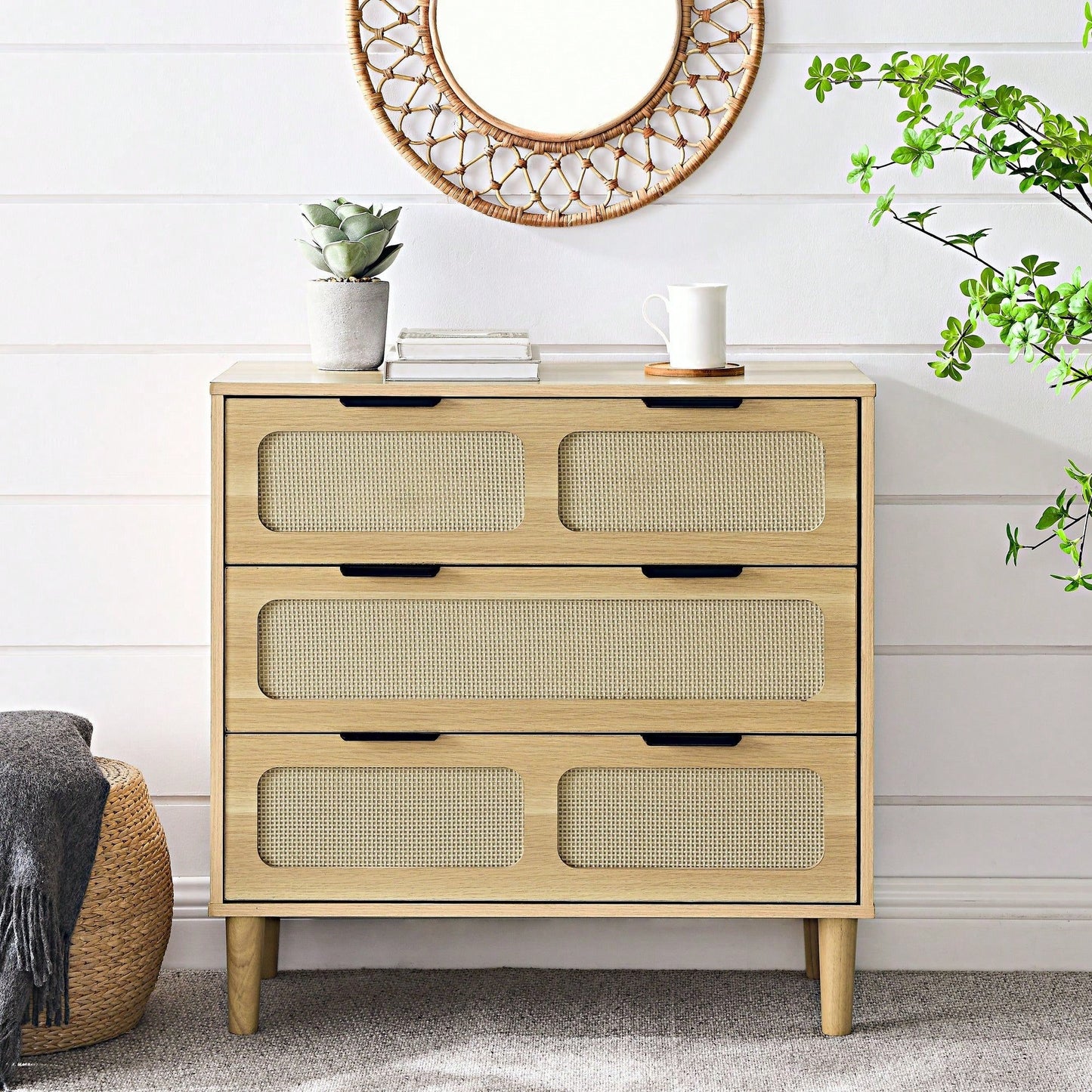 Modern Rattan Dresser Cabinet with Wide Drawers and Metal Handles for Farmhouse Style Storage in Bedroom Living Room Hallway