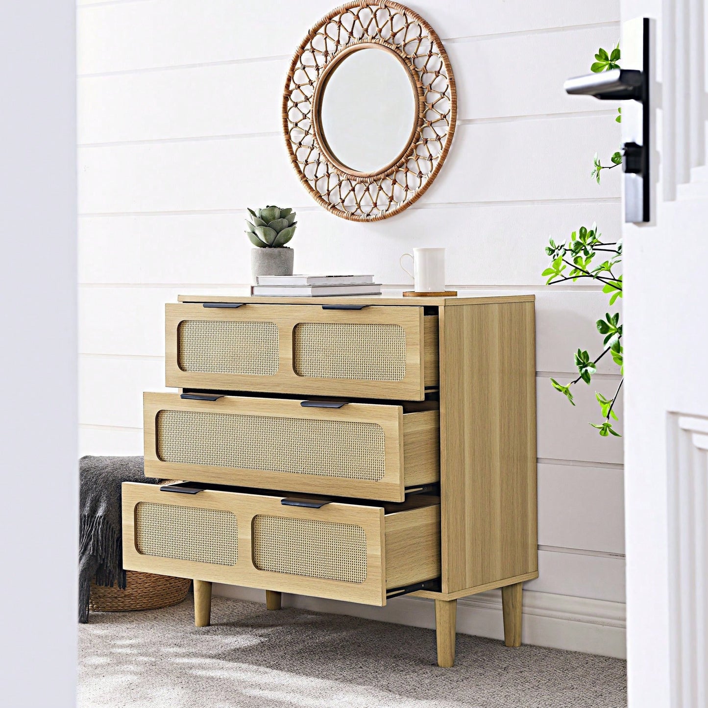 Modern Rattan Dresser Cabinet with Wide Drawers and Metal Handles for Farmhouse Style Storage in Bedroom Living Room Hallway