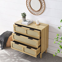 Modern Rattan Dresser Cabinet with Wide Drawers and Metal Handles for Farmhouse Style Storage in Bedroom Living Room Hallway