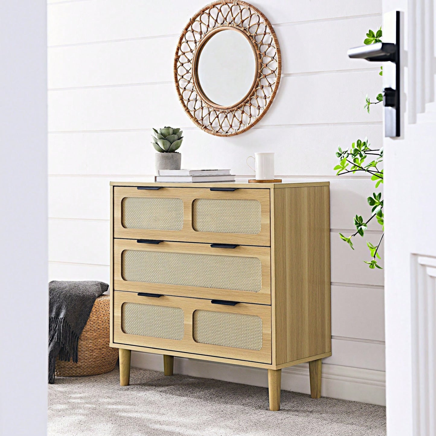 Modern Rattan Dresser Cabinet with Wide Drawers and Metal Handles for Farmhouse Style Storage in Bedroom Living Room Hallway