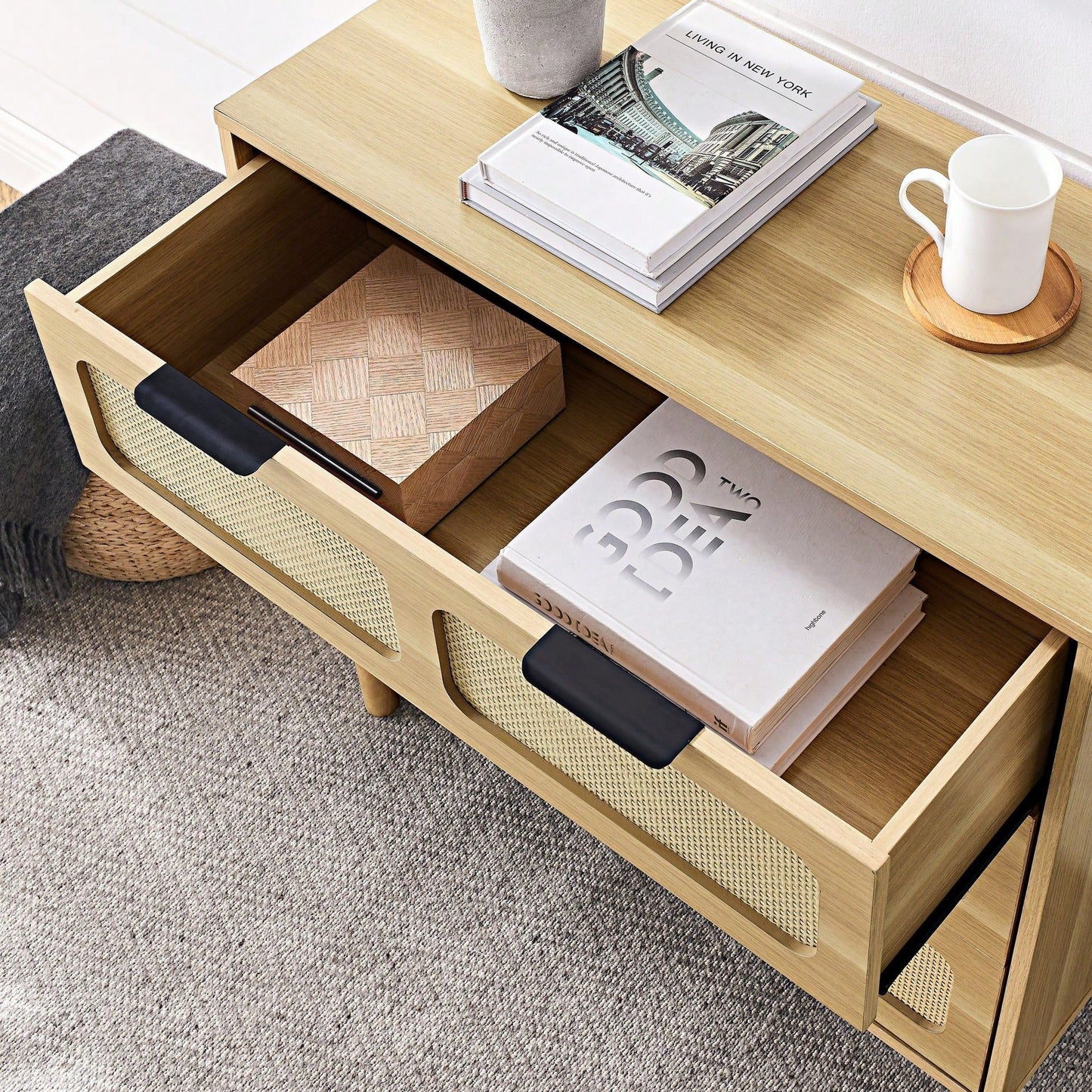 Modern Rattan Dresser Cabinet with Wide Drawers and Metal Handles for Farmhouse Style Storage in Bedroom Living Room Hallway