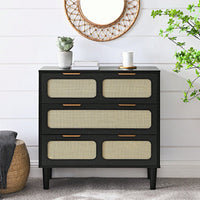 Modern Rattan Dresser Cabinet with Wide Drawers and Metal Handles for Farmhouse Style Storage in Bedroom Living Room Hallway