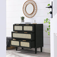 Modern Rattan Dresser Cabinet with Wide Drawers and Metal Handles for Farmhouse Style Storage in Bedroom Living Room Hallway