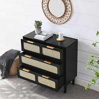 Modern Rattan Dresser Cabinet with Wide Drawers and Metal Handles for Farmhouse Style Storage in Bedroom Living Room Hallway