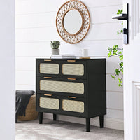 Modern Rattan Dresser Cabinet with Wide Drawers and Metal Handles for Farmhouse Style Storage in Bedroom Living Room Hallway