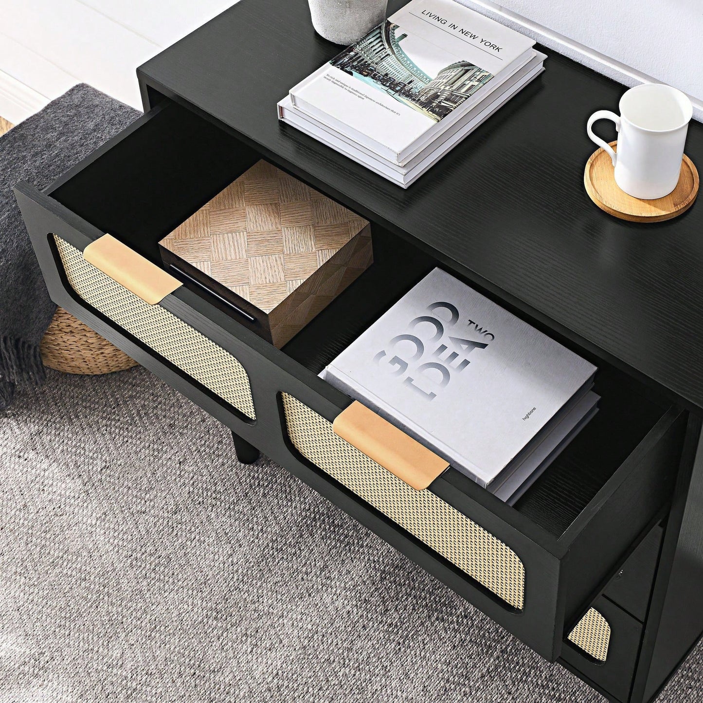 Modern Rattan Dresser Cabinet with Wide Drawers and Metal Handles for Farmhouse Style Storage in Bedroom Living Room Hallway