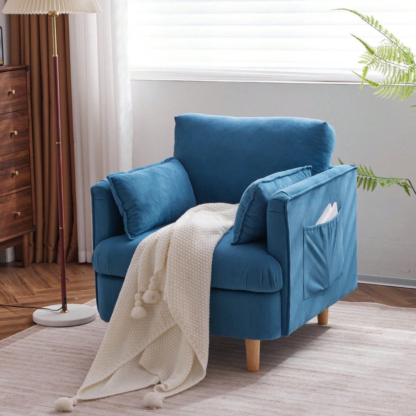 Modern Upholstered Reading Chair with Pillows Solid Wood Legs Casual Club Armchair for Living Room Bedroom Office