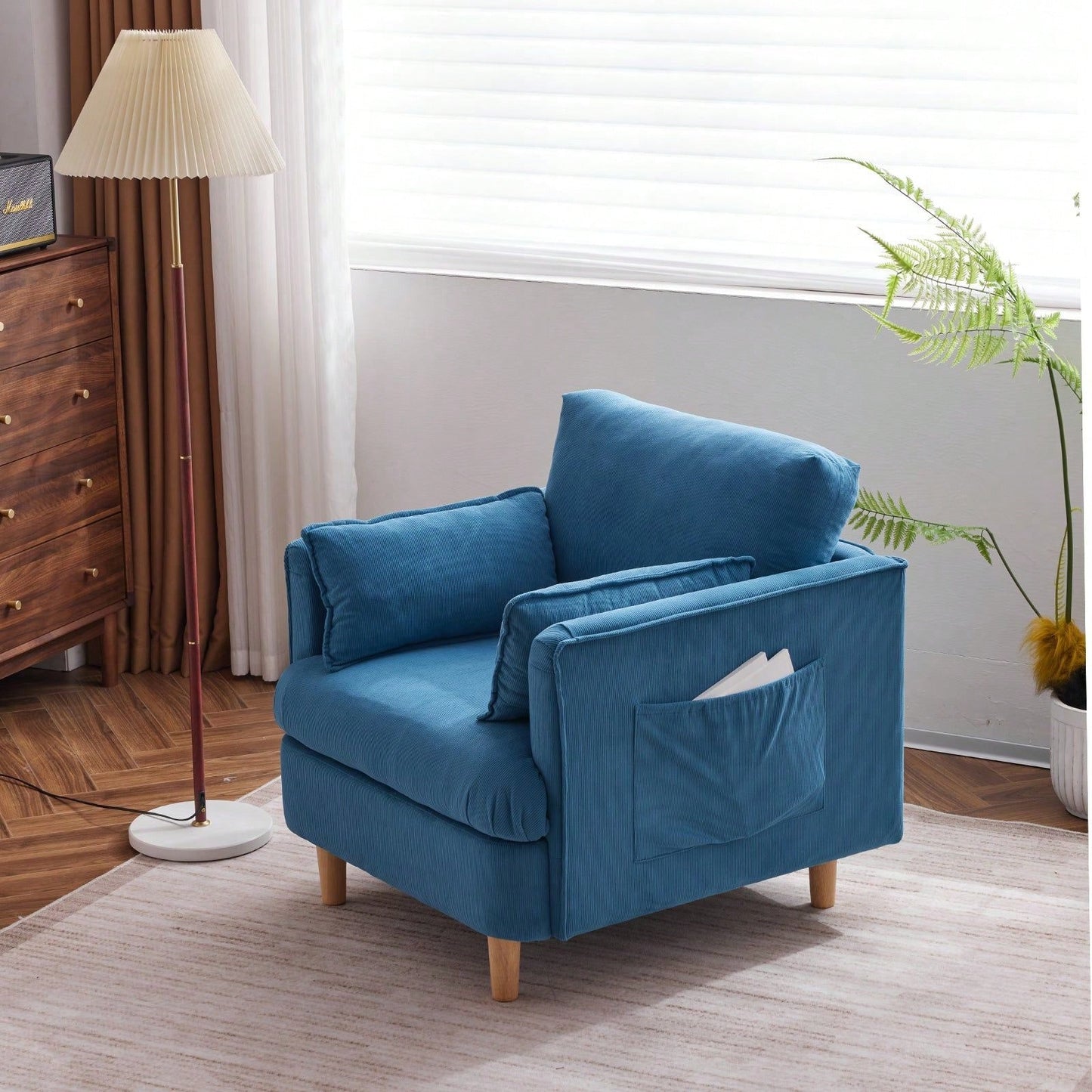 Modern Upholstered Reading Chair with Pillows Solid Wood Legs Casual Club Armchair for Living Room Bedroom Office