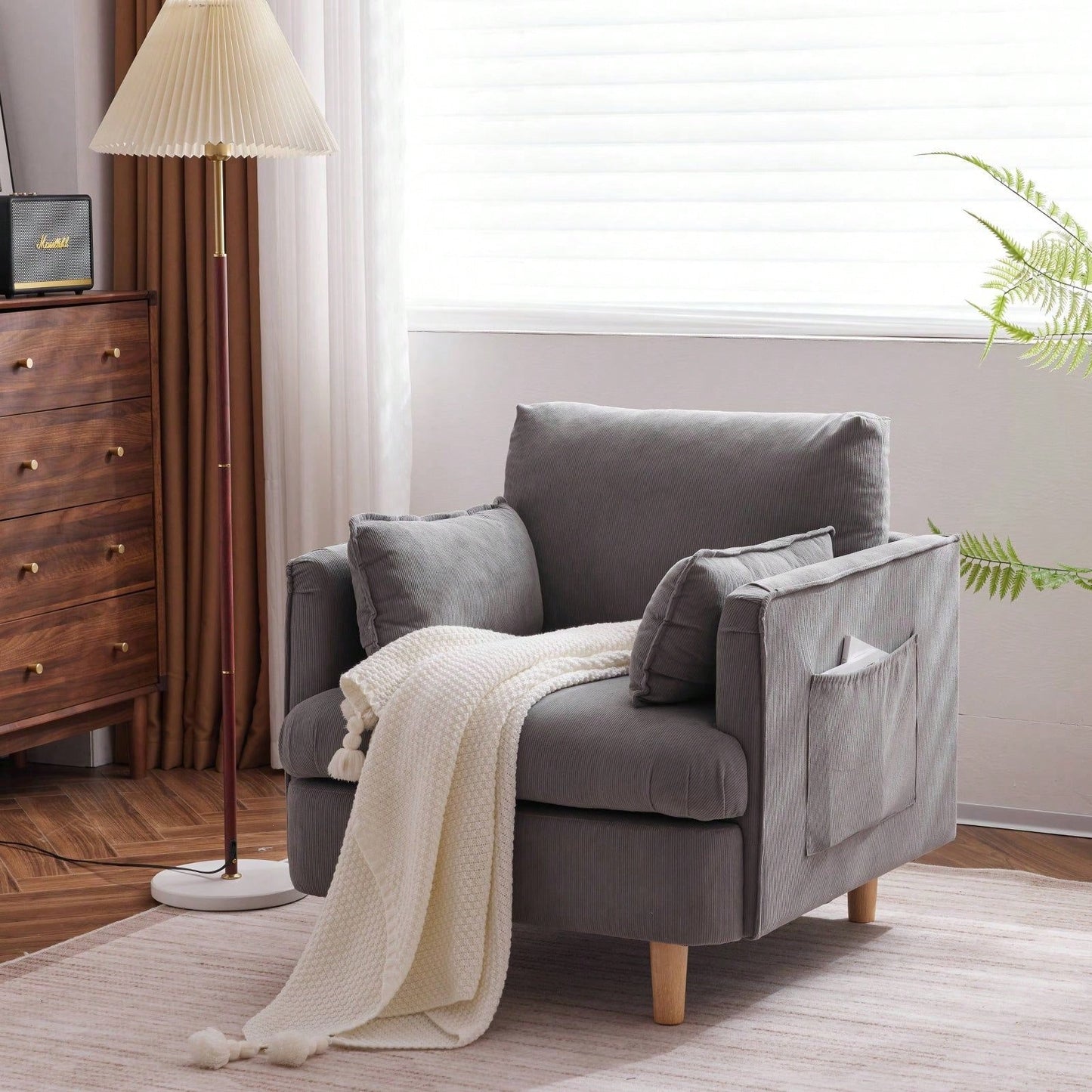 Modern Upholstered Reading Chair with Pillows Solid Wood Legs Casual Club Armchair for Living Room Bedroom Office