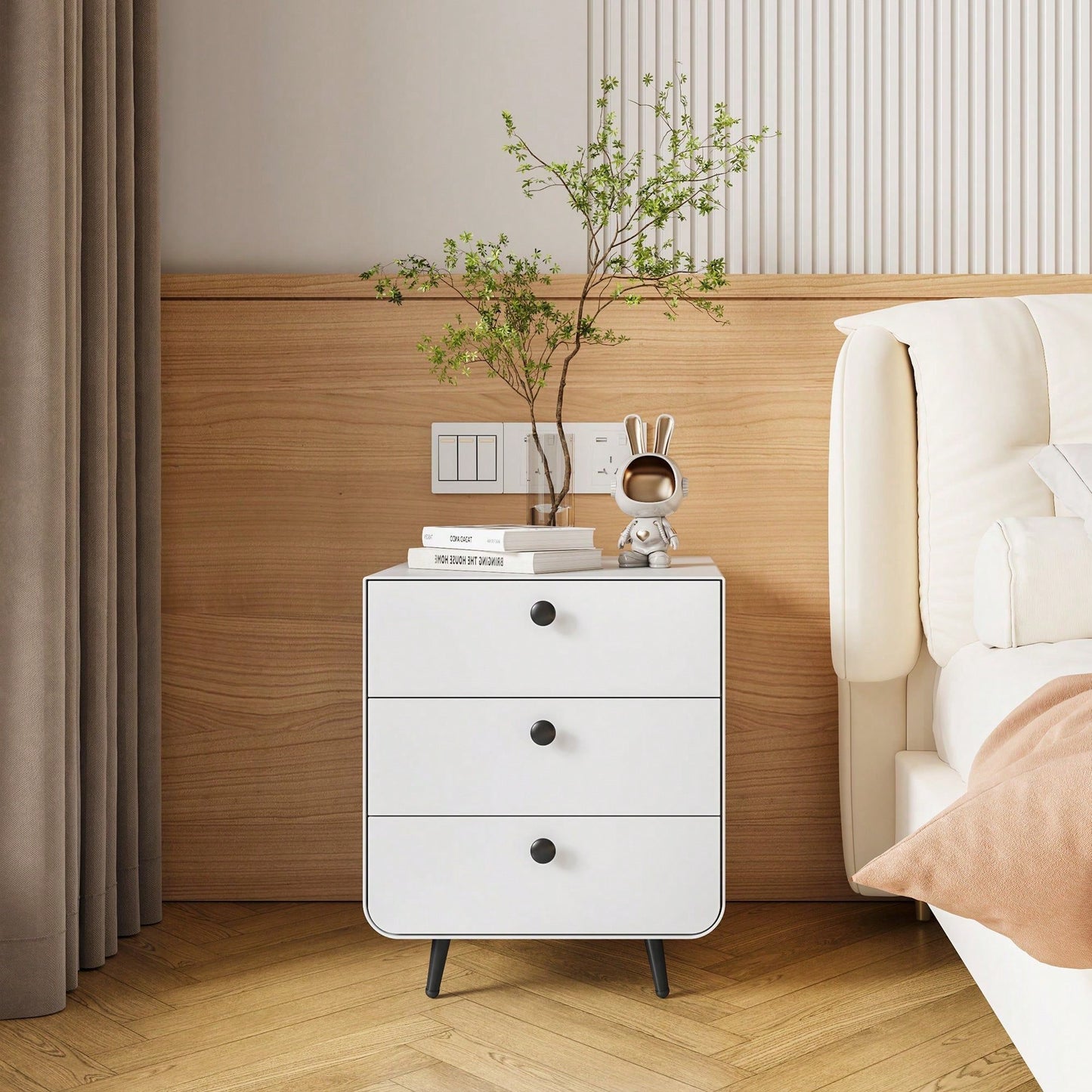 Modern Night Stand Storage Cabinet with 3 Drawers Steel Bedside Furniture Circular Handle for Living Room Bedroom