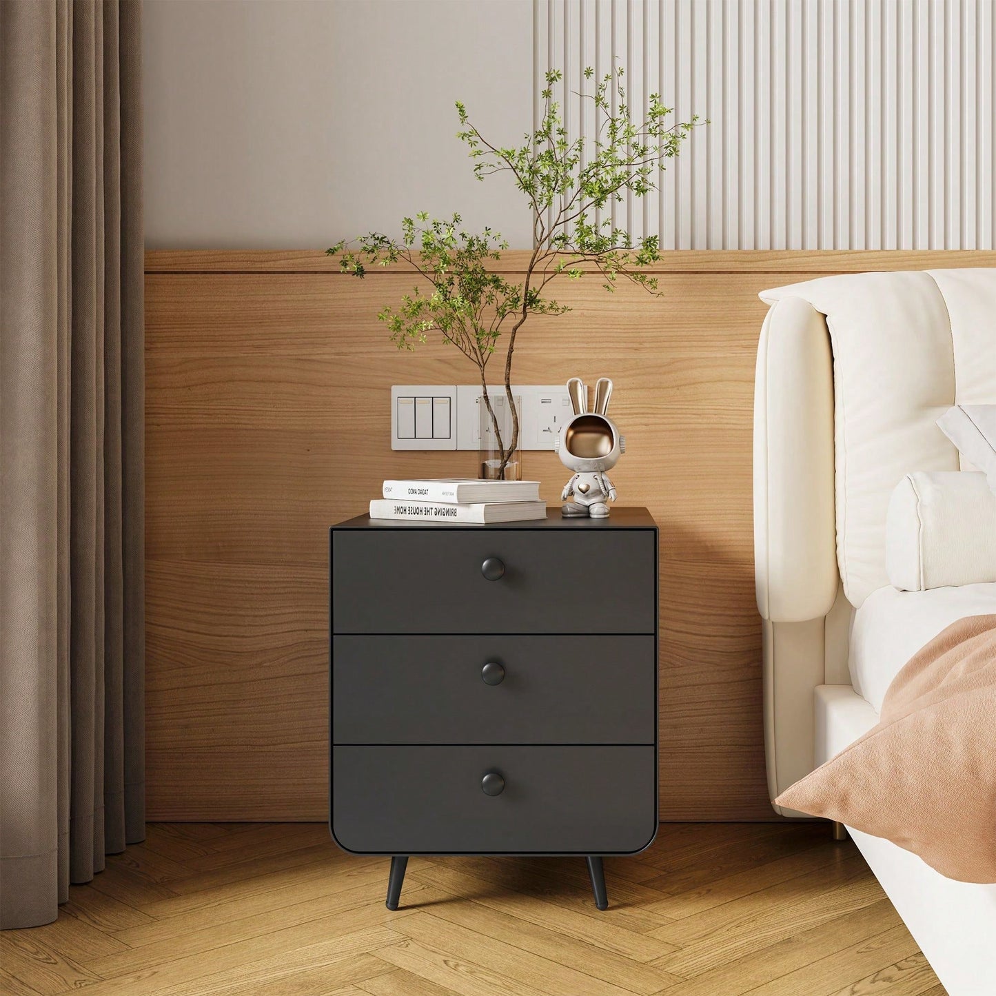 Modern Night Stand Storage Cabinet with 3 Drawers Steel Bedside Furniture Circular Handle for Living Room Bedroom