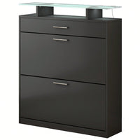 Slim Entryway Shoe Organizer with LED Light and 2 Flip Drawers for Hallway Storage