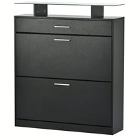 Slim Entryway Shoe Organizer with LED Light and 2 Flip Drawers for Hallway Storage