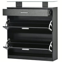 Slim Entryway Shoe Organizer with LED Light and 2 Flip Drawers for Hallway Storage