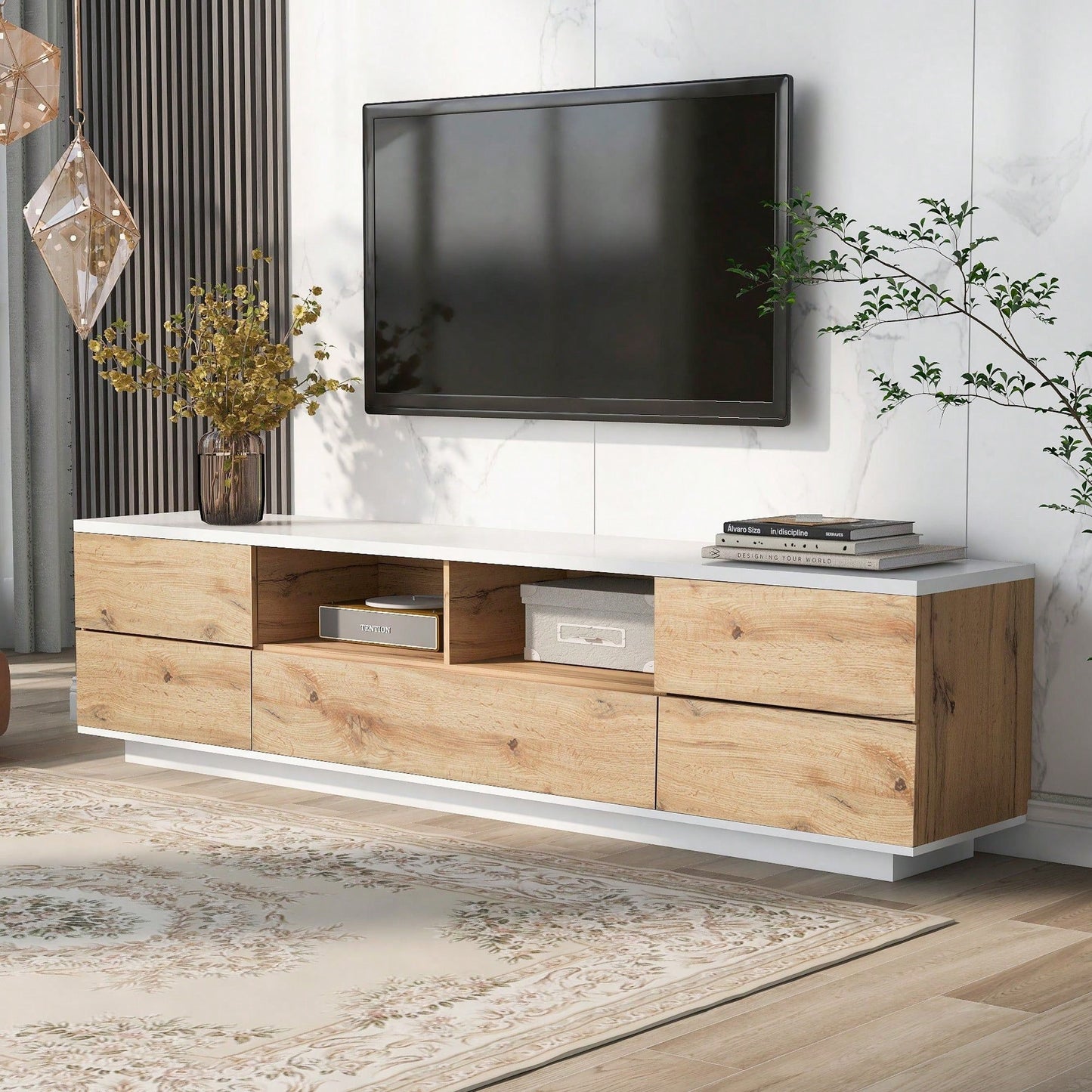 Stylish Modern TV Stand for Up to 80 Inch TVs with Multi-Functional Storage and Door Rebound Device for Living Room or Bedroom