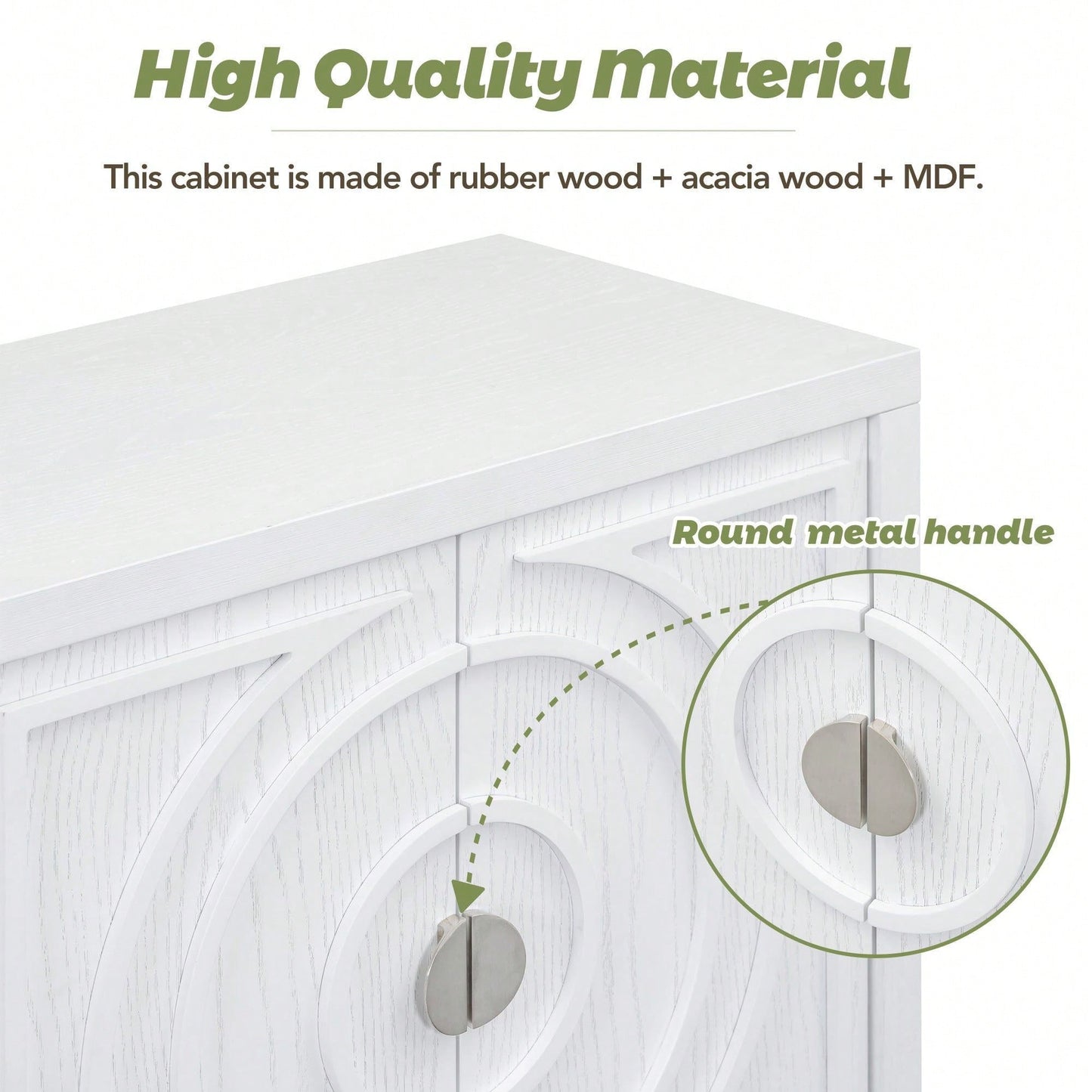 Retro Sideboard With Circular Groove Design, Round Metal Door Handle For Entrance, Dinning Room, Living Room