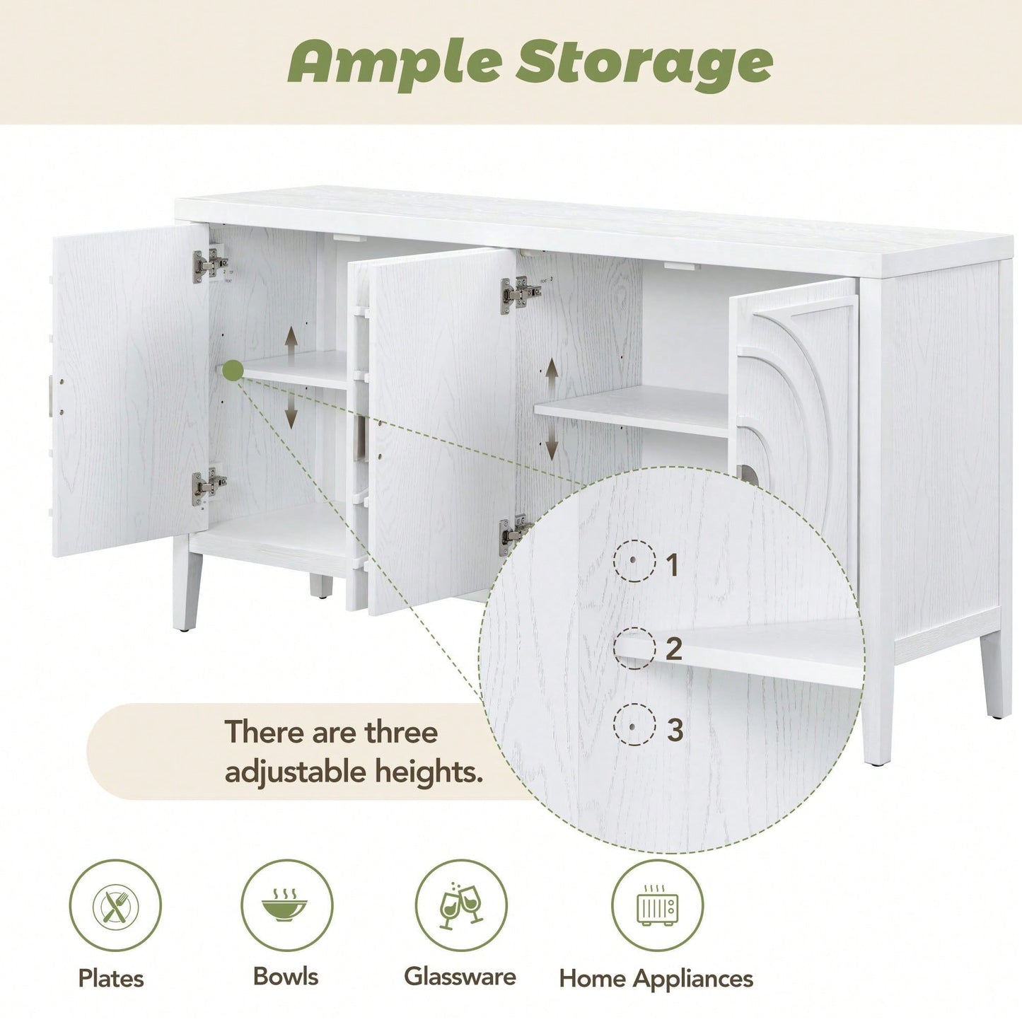 Retro Sideboard With Circular Groove Design, Round Metal Door Handle For Entrance, Dinning Room, Living Room