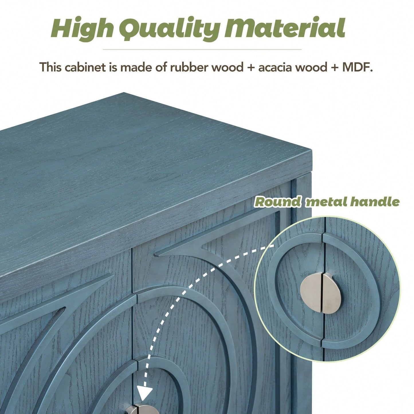 Retro Sideboard With Circular Groove Design, Round Metal Door Handle For Entrance, Dinning Room, Living Room