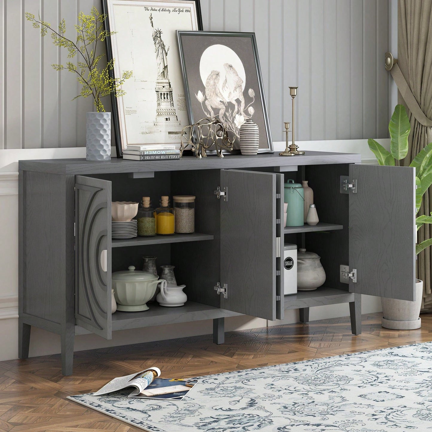 Retro Sideboard With Circular Groove Design, Round Metal Door Handle For Entrance, Dinning Room, Living Room
