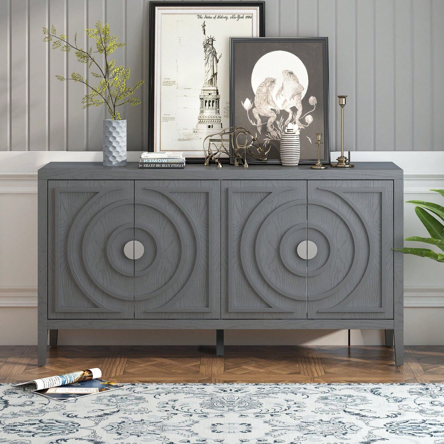 Retro Sideboard With Circular Groove Design, Round Metal Door Handle For Entrance, Dinning Room, Living Room
